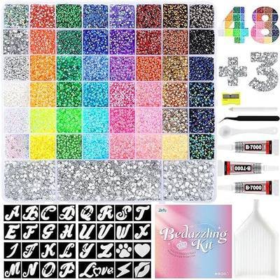 Zefy 56000 Pcs Resin Jelly Rhinestones for Bedazzling, 48 Colors 3 mm & Silver 2/3/4/5/6 mm Bedazzling Kit with 2 Pcs Stencils, Flatback Gems with 3Pcs B7000 Glue for Clothing Nail Diamond Art