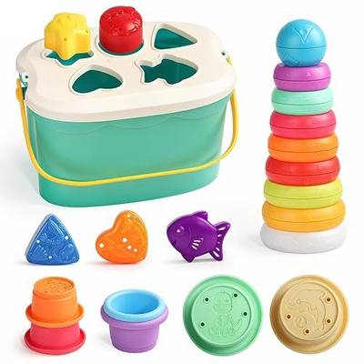 3 In 1 Shape Sorter Toy With Stacking Rings And Cups For Babies 6+ Months | 3 Ways To Play - Shape Sorter Blocks, Stacking Rings & Soft Cups Help Develop Fine Motor Skills For Babies Ages 6+ Months