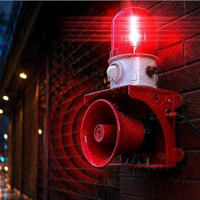Motion Sensor Security Alarm, PIR Human & Animal Detection Outdoor Warning Alarm, Plug-in Wall Mount Alarm with 120dB Adjustable Loud Siren & LED Red Strobe Light for Home Yard Farm Anti-Theft, AC110V