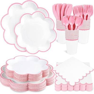 350 Pcs Pink and White Paper Plates and Napkins Set, 10" White Dinner Plates with Pink Scalloped Edge, 8" Scalloped Dessert Plate, Napkins, Cups & Plastic Cutlery for Baby Girl Shower Wedding Birthday