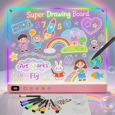 16" Rechargeable Led Drawing Board for Kids with 13 Light Effect, Glow Doodle Acrylic Dry Erase Board-Built-in Stand, Light Up Drawing Tablet for Kids, Gifts for Girls/Teen, 7 Markers(Pink)