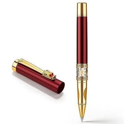 Red Metal Signature Pen, Luxury Executive Rollerball Pen, UniqueDragon & Diamond Design, 2 Writing Experiences, Premium Business Gift for Men Women with Gift Box (Deep Crimson Red Elegant Pen)