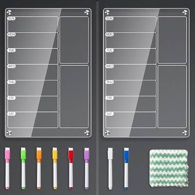 2 Pack Clear Acrylic Magnetic Meal Planner for Fridge, Weekly Calendar & Menu Board for Kitchen, Planning Board Noteboard Refrigerator with 8 Markers& 1 Towel, to Do, Grocery & Chore Chart (12" x 8")