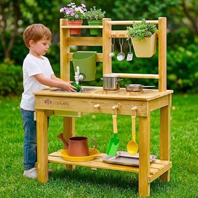 Toywoo Waterproof Mud Kitchen for Kids Outdoor, Wooden Play Kitchen with Working Faucet & 2 Stainless Steel Sinks, Pretend Cooking & Gardening Toy, Perfect Outdoor Gift for Toddlers Boys Girls Ages 3+
