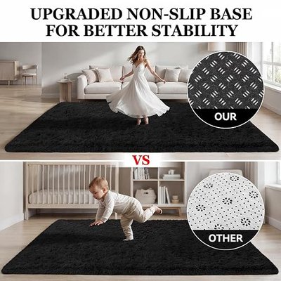 Area Rug for Living Room Bedroom: 5x7 Soft Fluffy Shag Rugs Upgrade Non-Slip High Pile Carpet Large Fuzzy Plush Indoor Floor Shaggy Carpets for Nursery Kid Playroom Office Dorms Home Decor Black