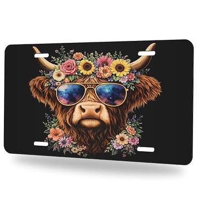 Highland Cow Floral Front License Plate Boho Sunflower Sunglass Cute Aesthetic Car Decorative License Plates Aluminum Metal Accessory Novelty Vanity Tag Cover with 4 Holes for Men Women 6" X 12"
