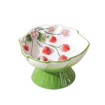 PawsPik Strawberry Blooms Elevated Ceramic Cat Bowl, Green | Raised Cat Food Bowl with 15° Tilt, Whisker-Friendly Pet Feeding Bowl, Anti-Choking Dish, Dishwasher Safe