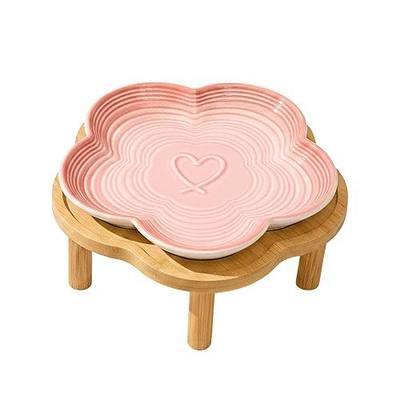 PawsPik Flower Ceramic Feeding Cat Plate with Raised Bamboo Stand, Pink | Elevated Whisker-Friendly Pet Bowl, Anti-Slip Stable Design, Dishwasher Safe
