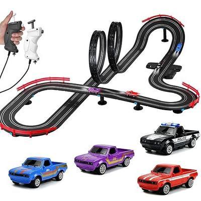 3 IN 1 Slot Car Race Track Set 1:87 with 4 High Speed Vintage Pickup Trucks, Electric Battery Dual Race, 2 Controllers, Lap Counter, Overpass, Loop Crossover, Toys Gifts for Kids Teens Adults All Ages