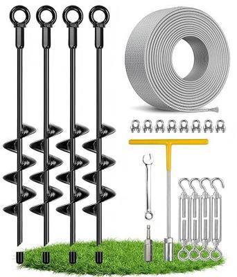 18" Ground Anchors Screw in Heavy Duty Shed Anchor Kit with 1/8" Cable, Clamps,Turnbuckle, Wrench-Spiral Earth Anchors for Tie Down, 4 Pack Ground Anchors for Carports, Greenhouses, Swing Set