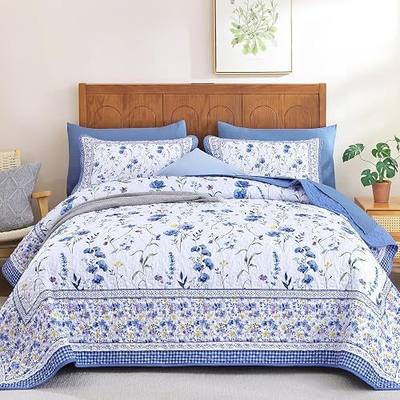 WONGS BEDDING Floral Quilt Set Full Size,Blue Bedspread Set with 2 Pillowcases,Microfiber Lightweight Flowers Botanical Coverlet Sets Farmhouse Bed Cover Bedding Sets for All Seasons (78"x90")