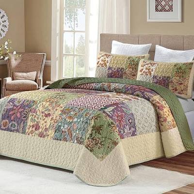 DJY Patchwork Quilt Set Full Size, Boho Bedspread Green & Beige Coverlet Set, Rustic Plaid Floral Quilted Bedding Set, Soft Microfiber Patchwork Bed Cover for All Season 79''x90''