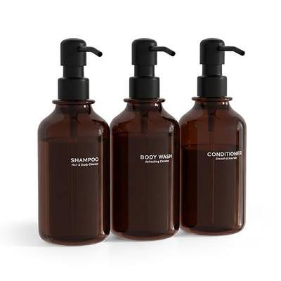 Modern Shampoo and Conditioner Dispenser Set of 3, 17oz Refillable Shower Soap Bottles with Stainless Steel Pumps & Waterproof Labels for Shampoo, Conditioner & Body Wash, Vintage Bathroom Decor
