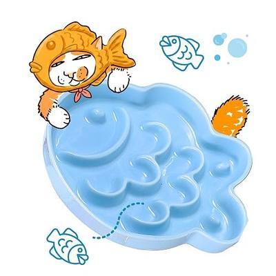 Ceramic Cat Slow Feeder Bowl - Shallow Whisker Friendly Cat Plate for Dry and Wet Food - Puzzle Feeder for Slow Eating - Helps Reduce Vomiting - Microwave & Dishwasher Safe -Non Slip(Blue,6.3''W)