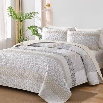 WONGS BEDDING Beige Quilt Full Size, Bohemian Stripe Quilt Sets 3 Pieces Beige Boho Quilted Bedspread Set Lightweight Microfiber Coverlet Bedding Set All Season (78"x90")