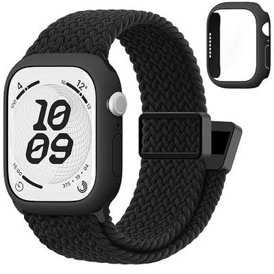 Compatible with Kids Apple Watch Band with Case 38/40/41/42/44/45mm Braided | for iWatch Series SE3 SE2 SE 9 8 7 6 5 4 3 2 1, Nylon Elastic Magnetic Clasp Strap and Protective Cover with Tempered Glass