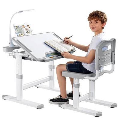 Decofy Kids Desk and Chair Set, Height Adjustable Study Table for 3–12 | Children School Study Desk with LED Lamp, Tilted Desktop 0–55°, 3 Modes Brightness, Drawer & Hook, for Boys Girls