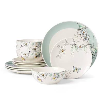 Oneida Dinnerware Set, Botanica 12-Piece Dinnerware Set, Service For 4, Porcelain Material, Dishwasher And Microwave Safe, Bowls, Plates And Bowls, Dinner Dishes, Plates, Home (Green, 12 Piece)