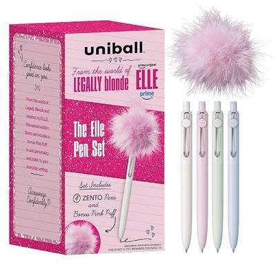 uniball™ The Elle Pen Set, Zento Gel Pens with Pink Puff, Black Ink, 0.7mm Medium Point, Retractable, 4 Count, Smooth Writing, Quick-Drying, No Smear, Fashion Barrel Colors