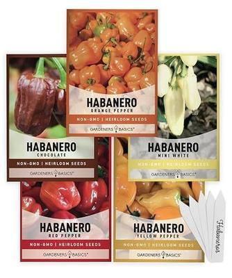 Gardeners Basics, Habanero Pepper Seeds for Planting - 5 Varieties Pack Hot Pepper Seeds, Red, Orange, Yellow, Chocolate, White Habanero Seeds Non GMO, Heirloom Garden Seeds