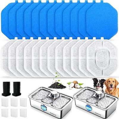 SIBAYS Dog Water Fountain Filter, 4.5Gal/17L Pet Fountain Filter Replacement, Made of Activated Carbon and PP Cotton, 12 Dog Water Filter, 12 Pre-Filter Sponge, 6 Pump Sponge and 2 Muffer Sponge L06