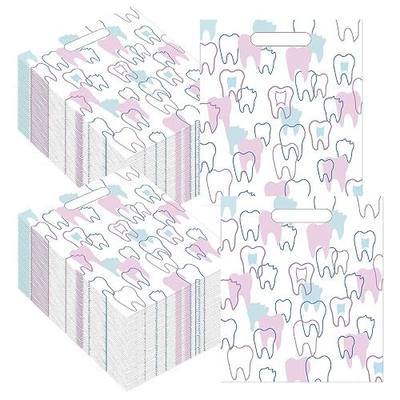 200 Pcs Tooth Merchandise Bags with Handles, 8.3x9.5 Inches Plastic Dental Bags for Patients, Dental Goodie Treat Sacks Bulk for Dentist Clinic Office, Appreciation Gifts, Dental Hygiene Party Favor
