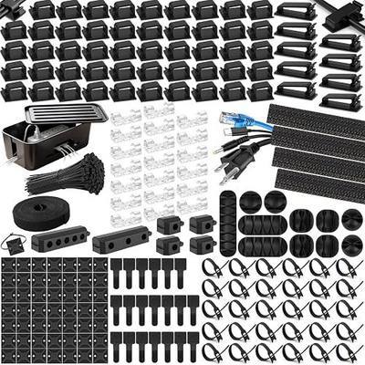 353 PCS Cable Management Kit - 1 Cable Management Box, 4 Cable Sleeve Split, 130 Adhesive Cable Clip, 17 Cable Holder, 1 Roll Cable Organizer Strap, 150 Cable Tie with 50 Mount, for Computer Desk TV