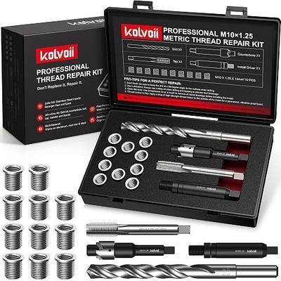 Kolvoii M10 X 1.25 Metric Thread Repair Kit with HSS Drill Bit, Tap, Counterbore and Installation Tool, 10 Solid 304 Stainless Steel Thread Inserts, 14mm Length, for Automotive and DIY Repairs