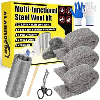 Alabrocon Steel Wool Mice Control Kit, 3 PCS 11.5 Ft Steel Wool for Mice, Barrier, Hole Filler for Sealing, Pipeline, Vents, Garage, House (15 Ft Wire Mesh, Wooden Stick, Gloves, Scissors Included)