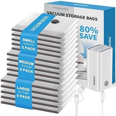 15 Pack Vacuum Seal Bags for Clothing Travel with -60000Pa USB Pump, Save 80% of Space for Clothes (15 Combo Size)