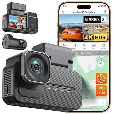 WOLFBOX X5 3 Channel 4K HDR Dash Cam, STARVIS 2 IMX678 8MP Night Vision, 4K+2.5K+1080P Front and Rear Inside Car Camera GPS, Support Voice Control,Touch Screen and 5.8GHz WiFi (Card Not Included)