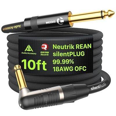 AA AUDIO ACCESSORY Pro Series Silent Guitar Cable 10 ft, 18 AWG 99.99% OFC Nylon Braided, Gold-Plated Neutrik REAN silentPLUG Auto Mute 1/4 Instrument Cable, Hot-Swapping Guitars Without Pop