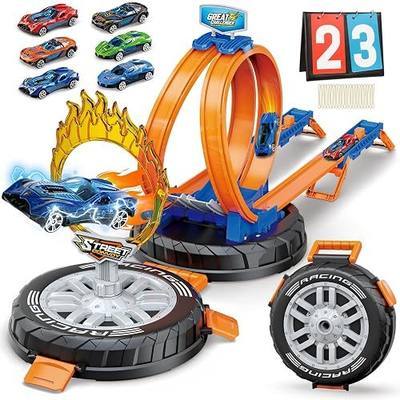 Toy Car Race Track Set, Stunt Tire Racing with 360° Loop for Kids | Speed Snap Course, 2 Ways to Play, 6 Cars in 1:64 Scale, Scoreboard, 20 Rubber Bands, Ideal Gift for Boys Girls Ages 3-8