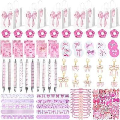 135Pcs Bow Party Favors, Pink Bow Party Favors with Pens Notebooks Stickers Keychains Hair Tie Braid Bracelets Slap Bracelets Mirrors Gift Bags, Coquette Bow Themed Party Decorations for Girls Women