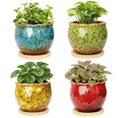 ARTKETTY Succulent Pots, 4 Pack Small Plant Pots with Drainage Tray | 4 Inch Flower Pots, Ceramic Planters for Indoor, Home Office Desk Decor