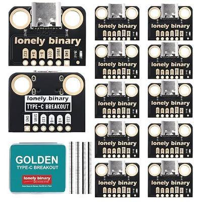 Lonely Binary 12-Pack USB-C Breakout Board 5.1K Resistor DIP for ESP32 | Female USB-C, dual 5.1K CC1/CC2 pull-down; power LED; 2.54mm pitch; CC, D+/D-, VBUS, GND; Pico, STM32; USB 2.0 data + power
