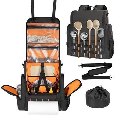 Large Camp Kitchen Organizer with Paper Towel Holder,Hanging Camping Storage Organizers with Metal Hook, Camping Utensil Backpack for BBQ Cooking Essentials, With a Bag for Picnic Pot, Black