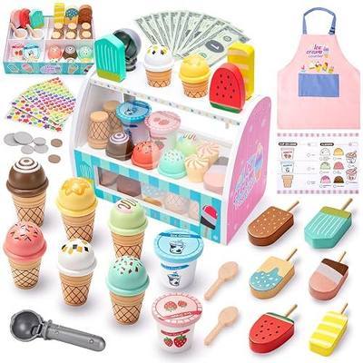 LOYO Ice Cream Toy for Kids 3-6, Wooden Ice Cream Shop Play Set with Counter, Apron, DIY Sticker, Scoop, Toy Money - Pretend Play Toys for Toddler Role Play, Christmas & Birthday Gift for Girls & Boys