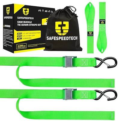 Motorcycle Tie Down Straps 2 Pk 1.5 in x 8 FT 2500lbs Cam Buckle Tie Downs | Heavy Duty Dirt Bike Straps 2500lbs Break Strength with S Hooks and Soft Loops for Motorcycle, Kayak, Cargo, ATV, UTV - Green