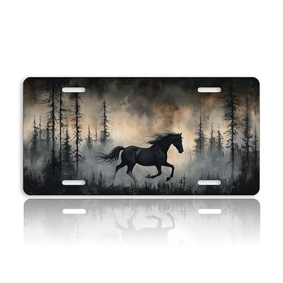 Black Horse Front License Plate for Men Moody Forest Mist Gothic Nature Car Vanity Plates Decorative Aluminum Metal Cute Novelty License Plate 6x12 Inch (4 Holes)