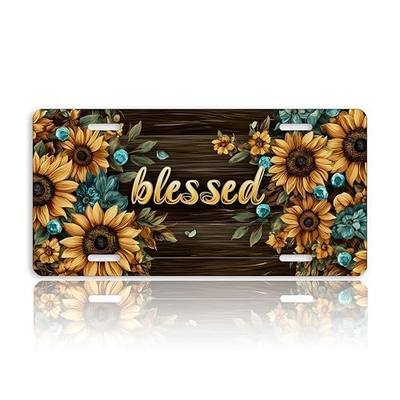Blessed Front License Plate for Men Sunflower Rustic Farmhouse Floral Car Vanity Plates Decorative Aluminum Metal Cute Novelty License Plate 6x12 Inch (4 Holes)