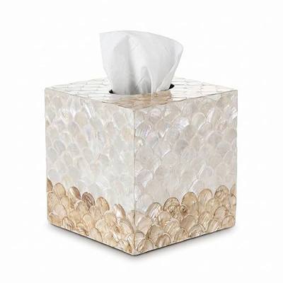 Coeusy Tissue Box Cover, Boho Decoraive Tissue Box Holder with Capiz Shell, Handmade Tissues Cube Box Cover for Bathroom Decor Accessories,Vanity,Bedroom or Office,Square(White and Golden Fish Scales)