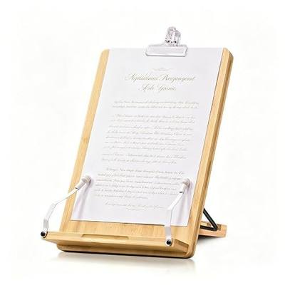 wishacc Large Bamboo Document Holder for Desk - 5 Adjustable Angles Paper Stand for Typing, Oversized Copyholder & Desktop Easel with 2 Page Clips, Foldable Sheet Holder for Legal Pad