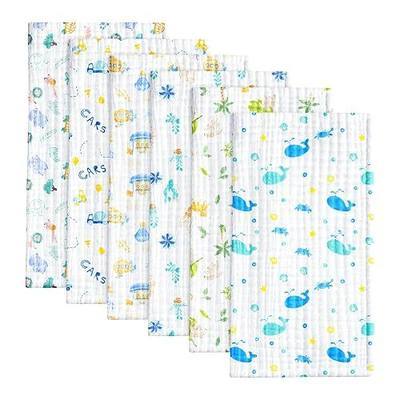 6 Pack Baby Muslin Burp Cloths - 20" x 10" Cotton Burp Rags 6 Layers Muslin Cloth Absorbent Ultra-Soft Burping Cloths Feeding Gifts for Newborns Boys Cute Animal