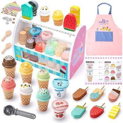 LOYO Ice Cream Toy for Kids 3 4 5 6 Years Old, Wooden Ice Cream Shop Pretend Play Set with Apron, Scoop & Popsicles, Montessori Toddler Toys, Birthday Gift for Girls Boys