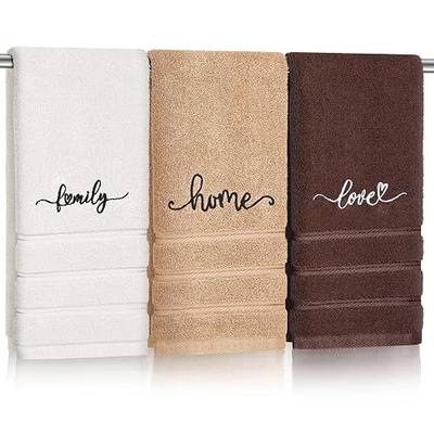Booson 3 Pcs Farmhouse Decorative Hand Towels Bathroom Decor Kitchen Rustic Embroidered Cotton Dish Towels for Boho Decorative Home Bathroom Housewarming Gift 13x29 inch (Brown, Home Love Family)