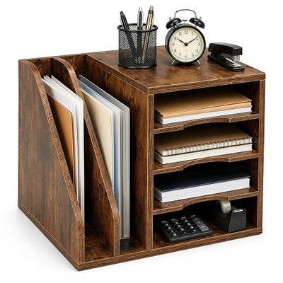 4-Tier Wood Desk Organizer with 2 Side Slots | Anti-Slip Pads, Easy Assembly Desk Accessories for Mail, Envelopes, Home Office, Brown