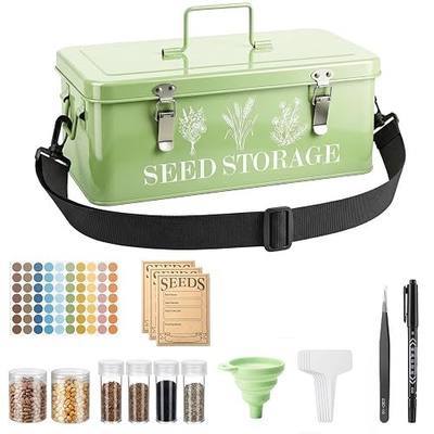 Seed Storage Organizer with Strap, 10 Large & 30 Small Bottles, Dual Locks | 70 Labels and 60 Seed Envelopes.Zinc Alloy Structure with Sealed Lid.Ideal for Garden Flowers