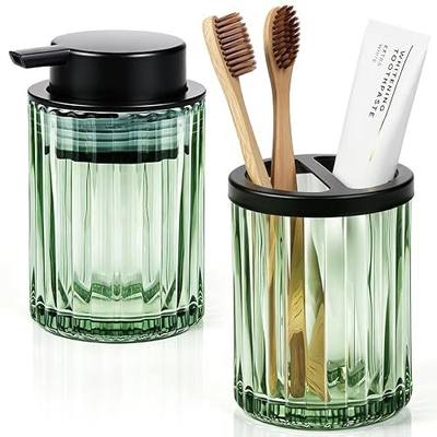 2 Pcs Soap Dispenser and Toothbrush Holder Set, Green | Glass Bathroom Accessories Set, Bathroom Counter Set, Countertop Vanity Organize, Sleek Organizer for Modern Bath Decor
