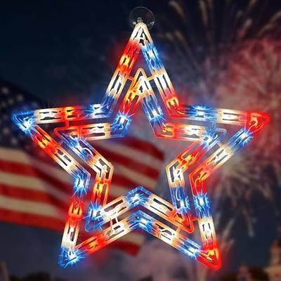 LAMPHOME 14" Lighted Patriotic Star Window Silhouette, Red White Blue LED Decoration with Suction Cup for 4th of July, Memorial Day, Indoor Outdoor Wall Decor